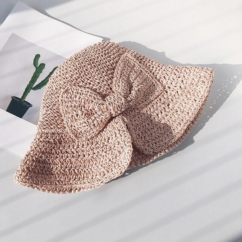 Cha Mẹ-Con 100% Raffia Nơ Hat Rộng Vành Đĩa Mềm Nón Mùa Hè Cho Nữ Đi Biển Panama Ống Hút Dome Xô nón Lưỡi Trai Femme Bóng Nón