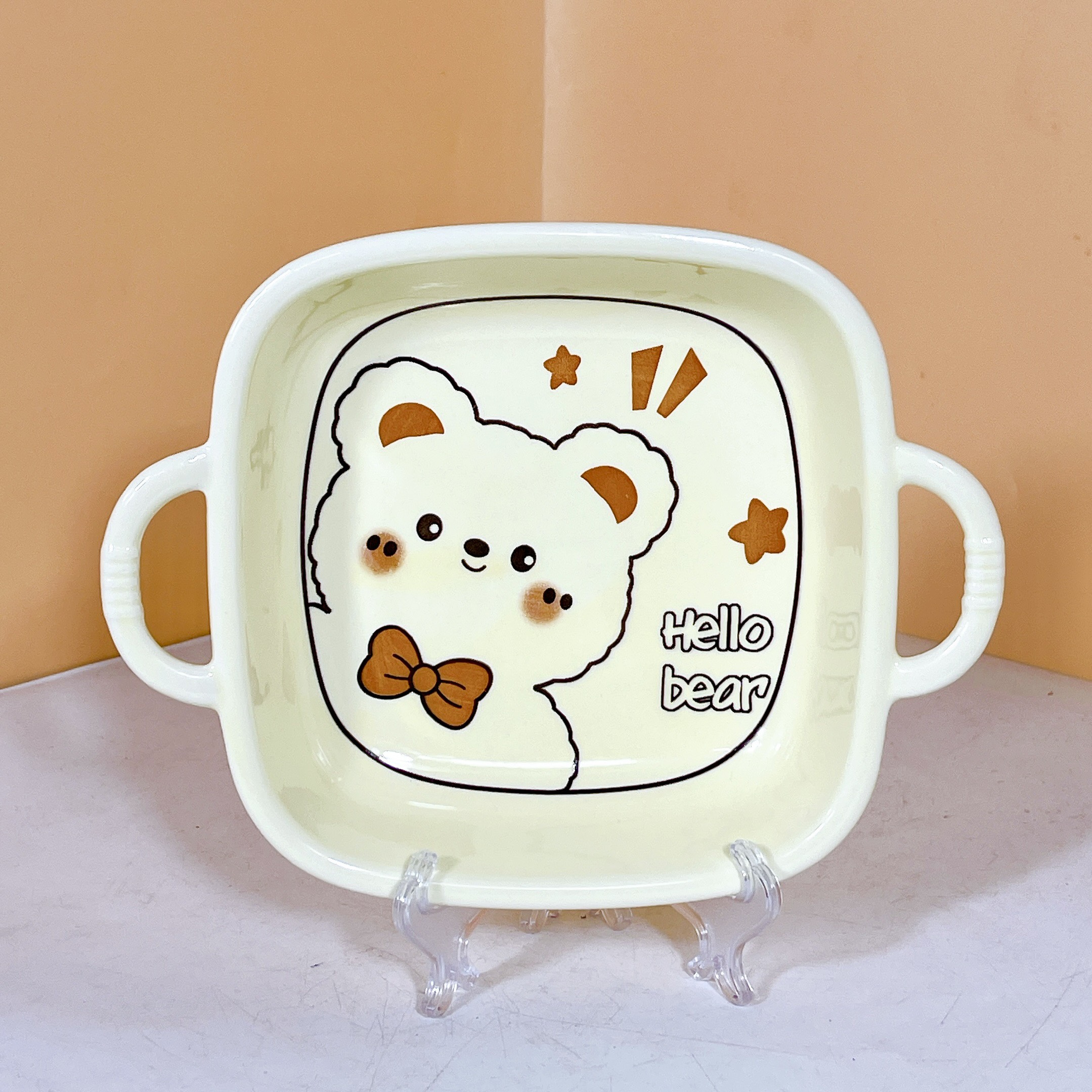 Bộ Bát Đĩa Gốm Sứ Cao Cấp Gosu Hình Gấu Cam Trắng Đáng Yêu