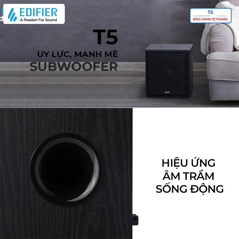 Loa EDIFIER T5 siêu trầm Công suất 70W Bass driver 8 inch Low Pass Filter Hiệu ứng âm thanh sống động - Hàng chính hãng