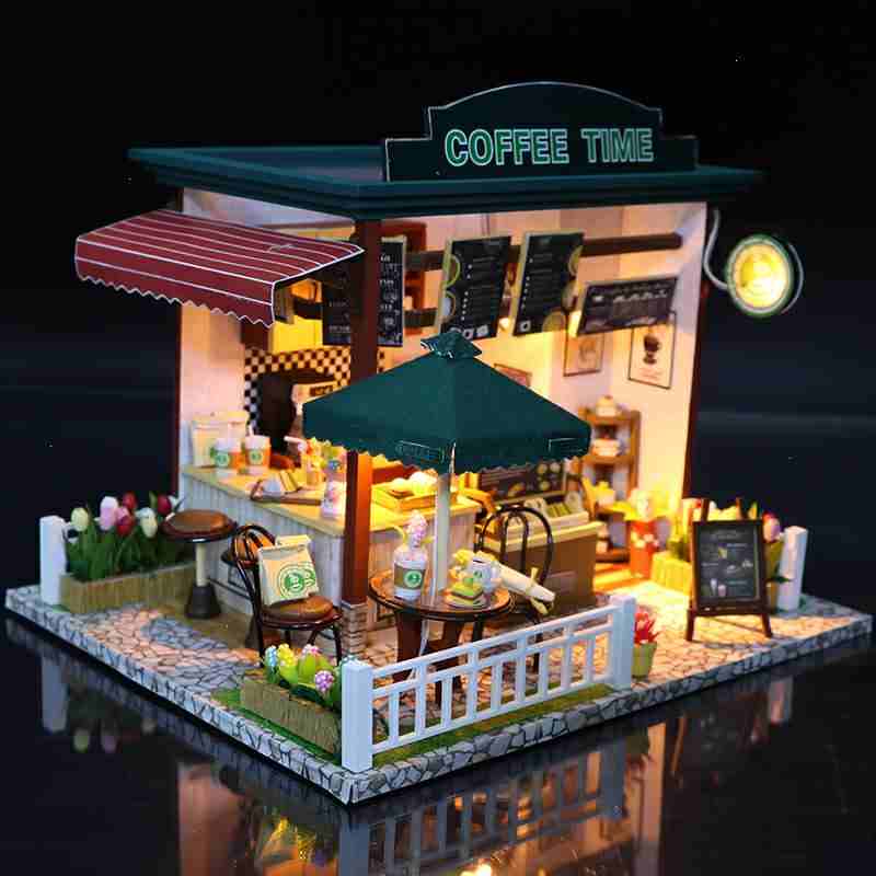 Mô hình nhà DIY Doll House Coffee Time Kèm Đèn LED và Mica chống bụi