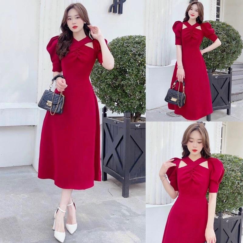 Đầm dự tiệc xoè ngực nhún cổ chéo cách điệu