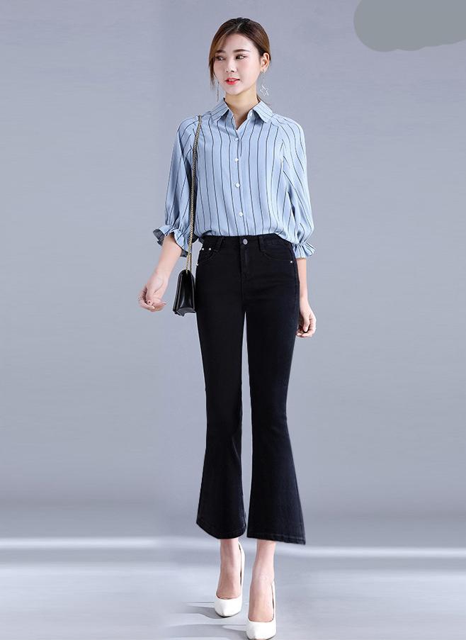 Quần jean đen lưng cao 1 nút ống loe cực hot