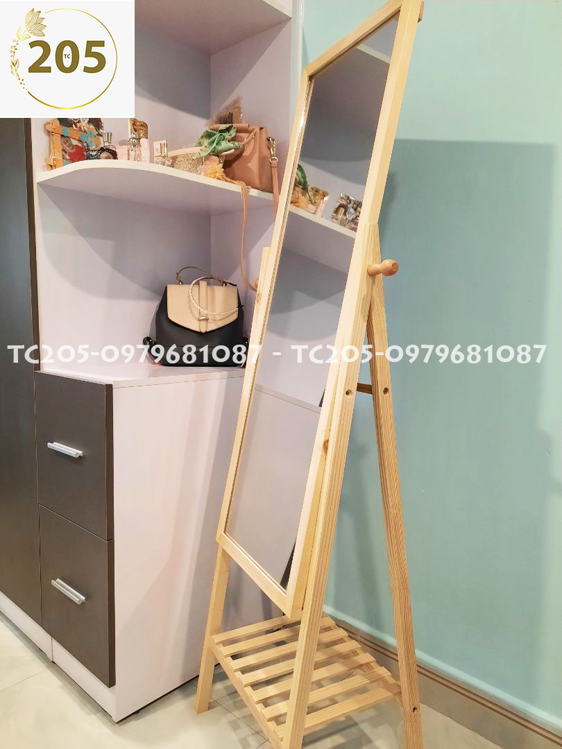 Gương soi toàn thân khung gỗ có kệ để đồ shelf mirror - Gương đứng toàn thân có kệ bằng gỗ Eotygroup