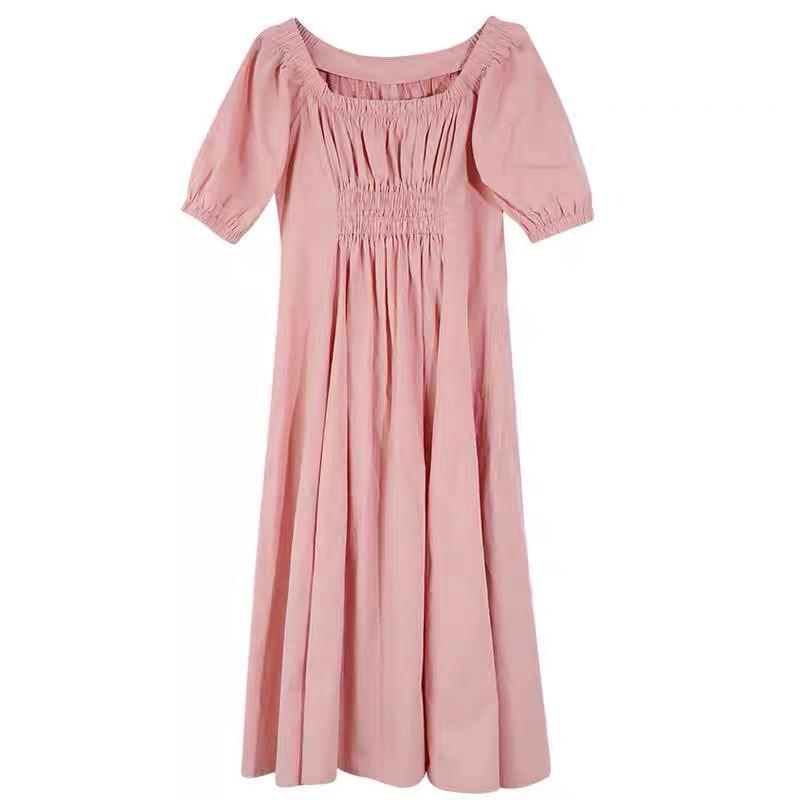 Đầm Dài Midi Cổ Vuông Bo Nhún Tay Ulzzang