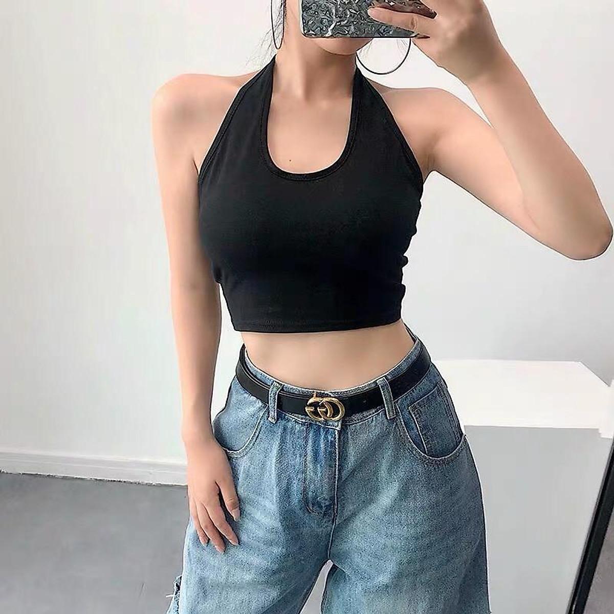 ÁO YẾM CỘT CỔ TRƠN BASIC THUN NỮ CROPTOP ÔM BODY HOT GIRL ULZZANG HÀN QUỐC SWAG CHẤT - Vàng