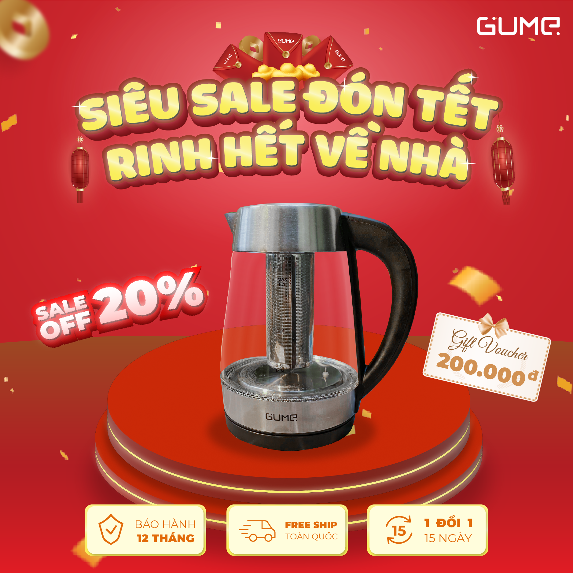 Ấm Siêu Tốc GUME Thủy Tinh 1.7L - GMK 2202 - Hàng Nhập Khẩu Hàn Quốc