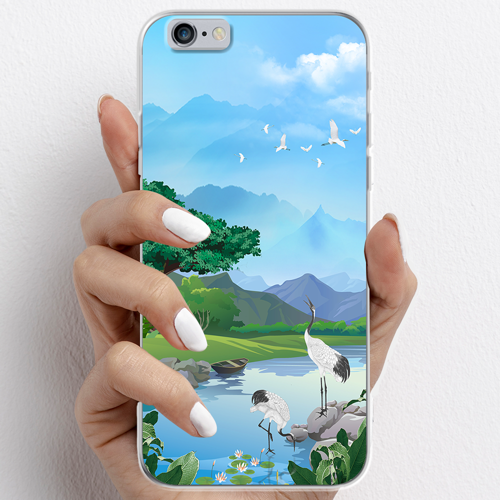 Ốp lưng cho iPhone 6, iPhone 6 Plus nhựa TPU mẫu Núi và chim hạc