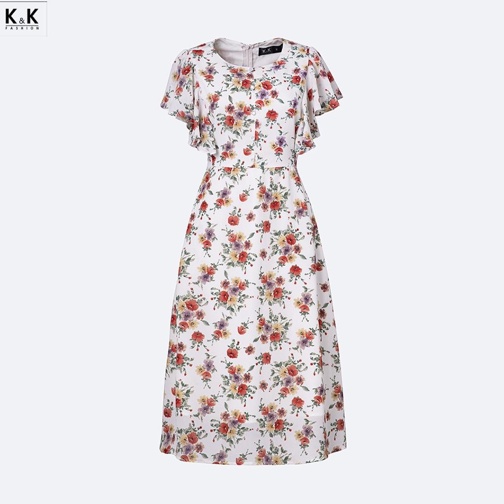 Đầm Xòe Hoa Công Sở Tay Cánh Tiên K&amp;K Fashion KK118-37 Chất Liệu Tằm Ý