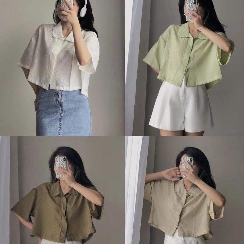 Áo sơ mi nữ croptop tay ngắn cổ lá sen form rộng Lovi