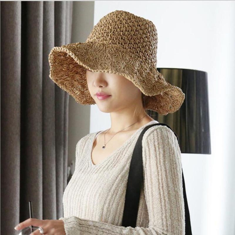 Thời Trang Mùa Hè Tay Gấp Gọn Strawhat Hat Lớn Cùng Vintage Handmade Móc Rơm Bện Chống Nắng Cho Nón