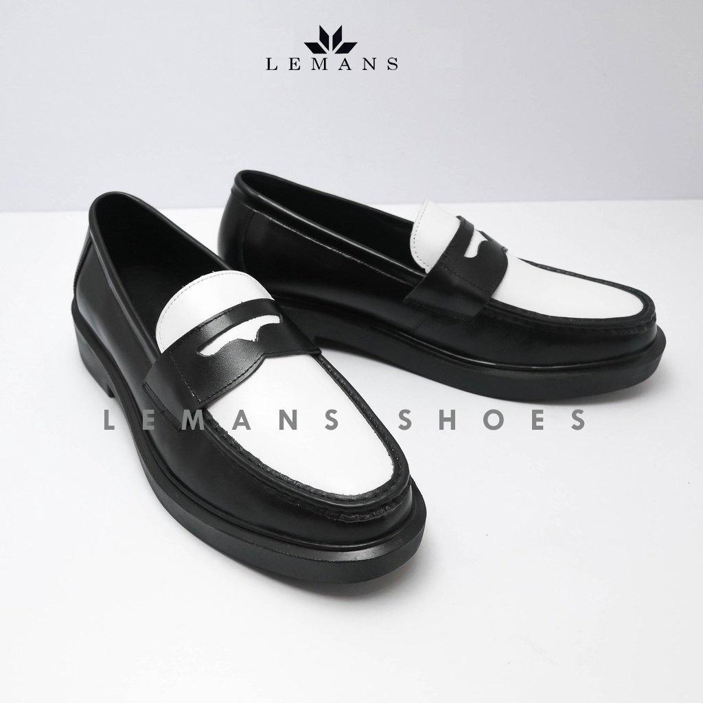 Giày da bò Penny Loafer Black White LEMANS, đế Lemans tăng chiều cao 4cm cho nam, giày lười nam, giầy da, bảo hành 12-24 tháng