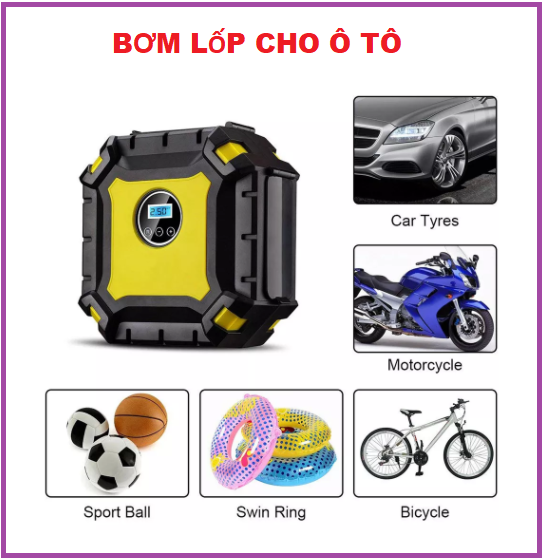 Bơm Lốp Xe Ô Tô xe hơi- Máy Nén Khí, Bơm Lốp Xe Tải Nhỏ, Xe Máy,Công Suất Lớn -Bơm Khỏe Và Không Gây Nóng - Thiết Kế Nhỏ Gọn - Vỏ Chống Va Đập Siêu Bền