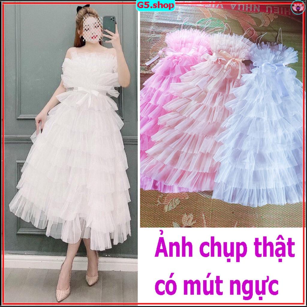 Váy Maxi Tầng Lưới tiểu thư voan tơ 2 dây Có Mút Ngực - đầm Nữ trễ vai công chúa phong cách ulzzang hàn quốc G5