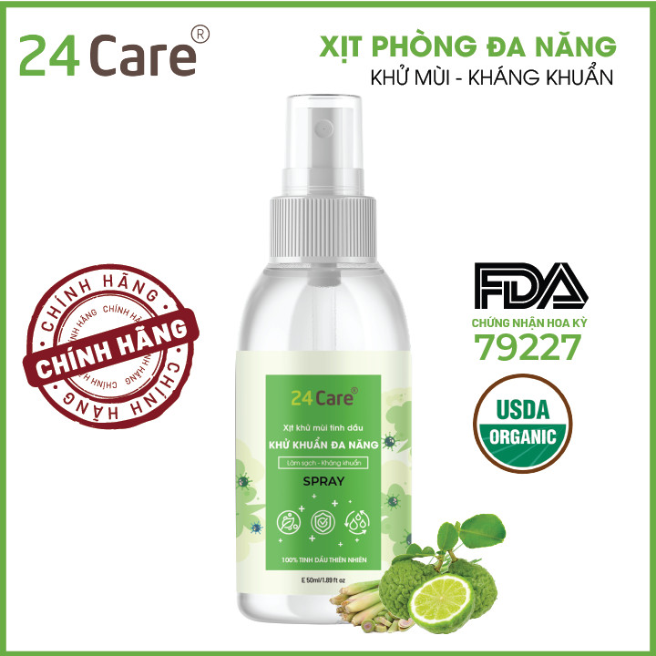 Xịt khử mùi đa năng Tinh dầu 24CARE 50ml/100m/250ml - Xịt bề mặt bị dính bẩn do đồ ăn rơi rớt trên bàn ghế, sàn nhà