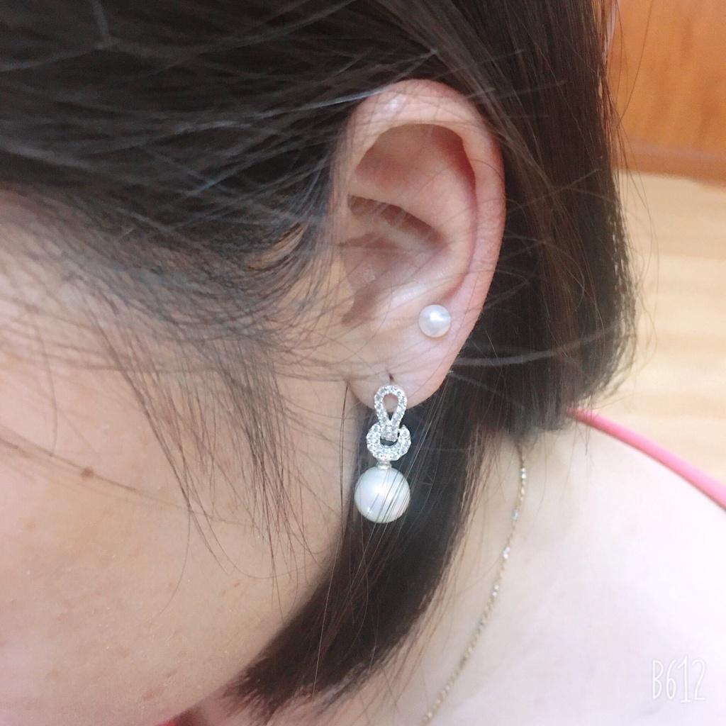 Bông tai nữ ngọc tròn size 10 ly dáng dài chốt đeo sát tai gắn đá trắng cao cấp trang sức Bạc Quang Thản - QTBT149