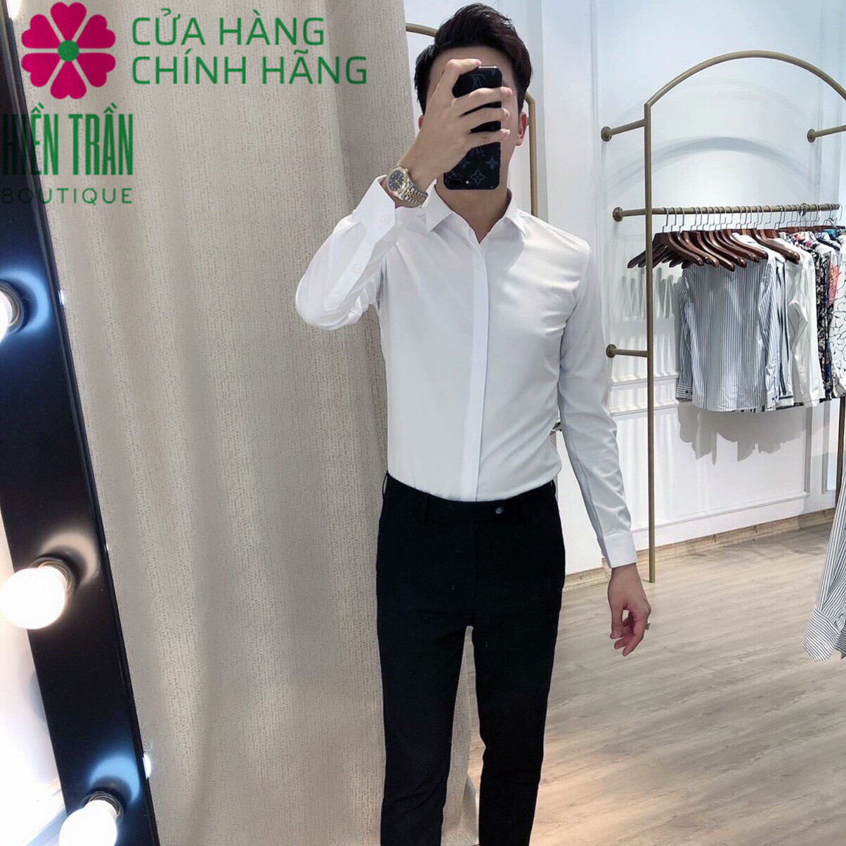 Áo sơ mi nam Hiền Trần BOUTIQUE giấu cúc vải chống nhăn, phong cách Hàn Quốc