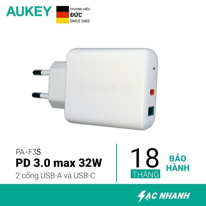 Cốc Sạc Siêu Nhanh AUKEY 2 Cổng PA-F3S 32W, Cổng Type C Power Delivery 20W, Cổng USB-A Air Power 12W - Hàng Chính Hãng