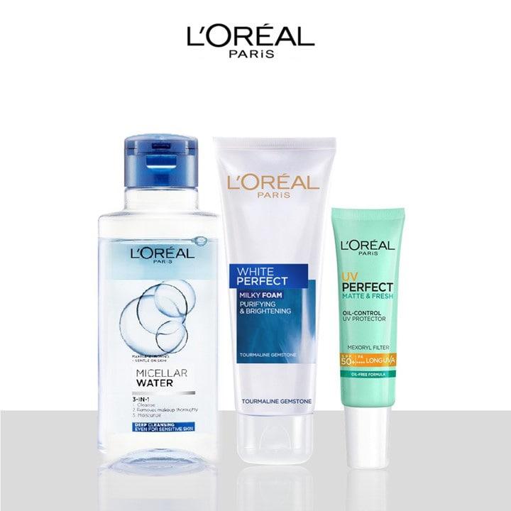 Bộ làm sạch và chống nắng dưỡng da L'Oreal Paris (MCL 95ml,SRM 50ml,UV 15ml)