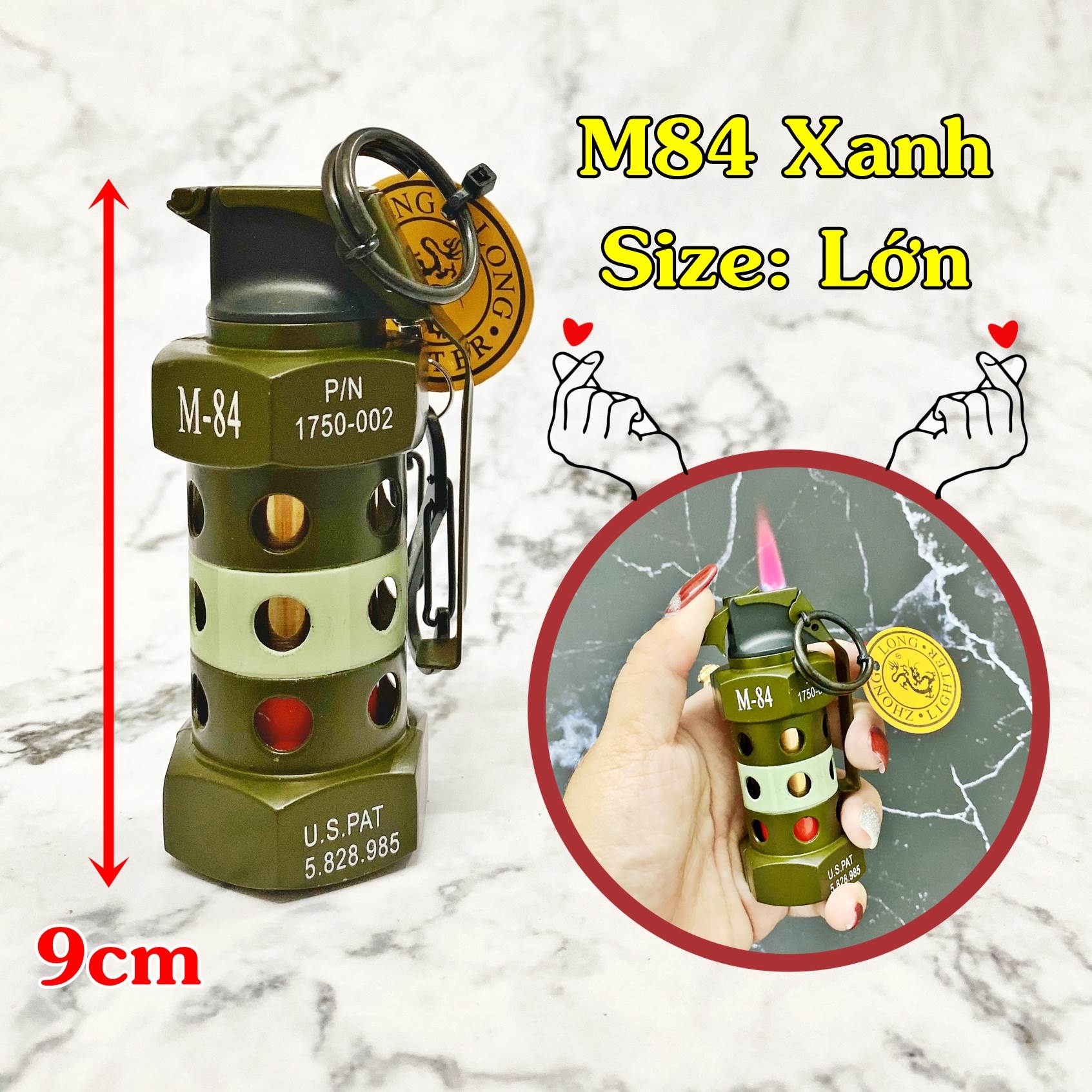 Hột quẹt bật lửa khè móc khóa hình trái lựu M84 Xanh size lớn 9cm kim loại - xài gas