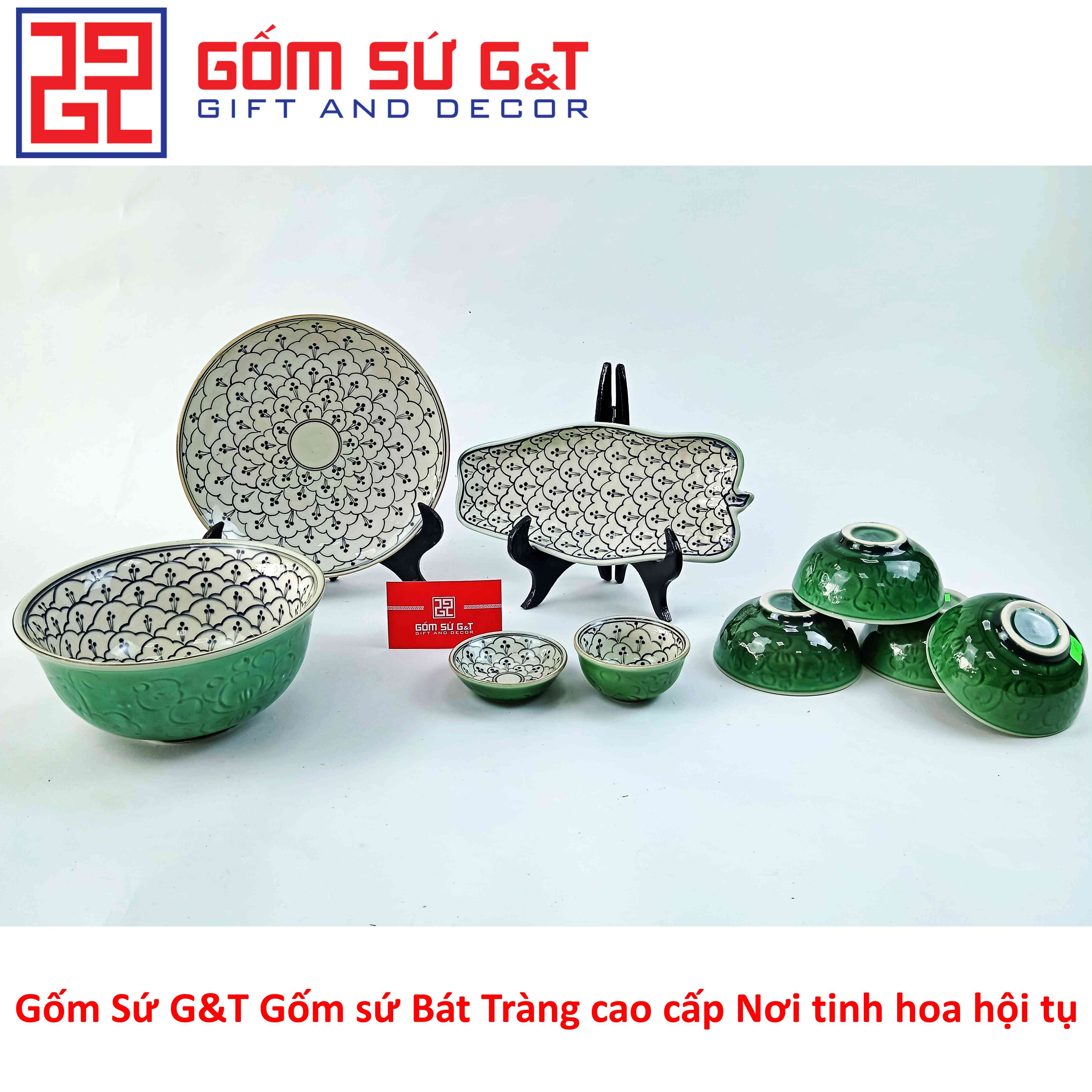 Bộ đồ ăn 4 người men xanh đồng vẽ hoa bèo Gốm Sứ G&amp;T