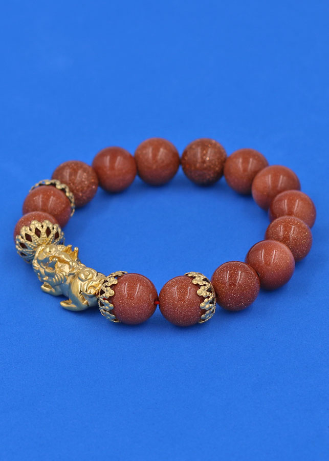 Chuỗi đeo tay Đá Kim Sa 12 ly - cẩn Tỳ Hưu Phong Thủy inox vàng Chiêu Tài Lộc VKSTHBKV12 - Vòng tay, lắc tay phong thủy