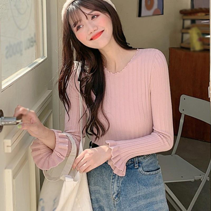 Áo Dệt Kim Tay Dài Cổ Tròn Thiết Kế Màu Trơn Thanh Lịch