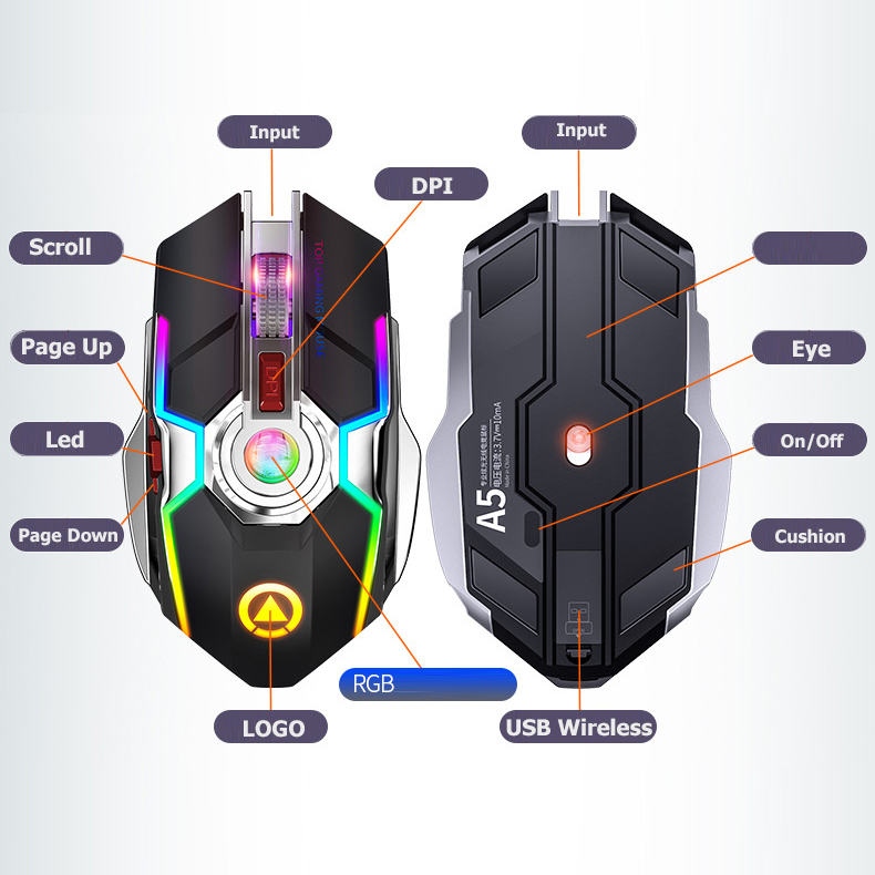 Chuột Gaming Yindiao A5 Bluetooth/Wireless Pin Sạc E-sports, Led RBG 7 màu - Chính Hãng