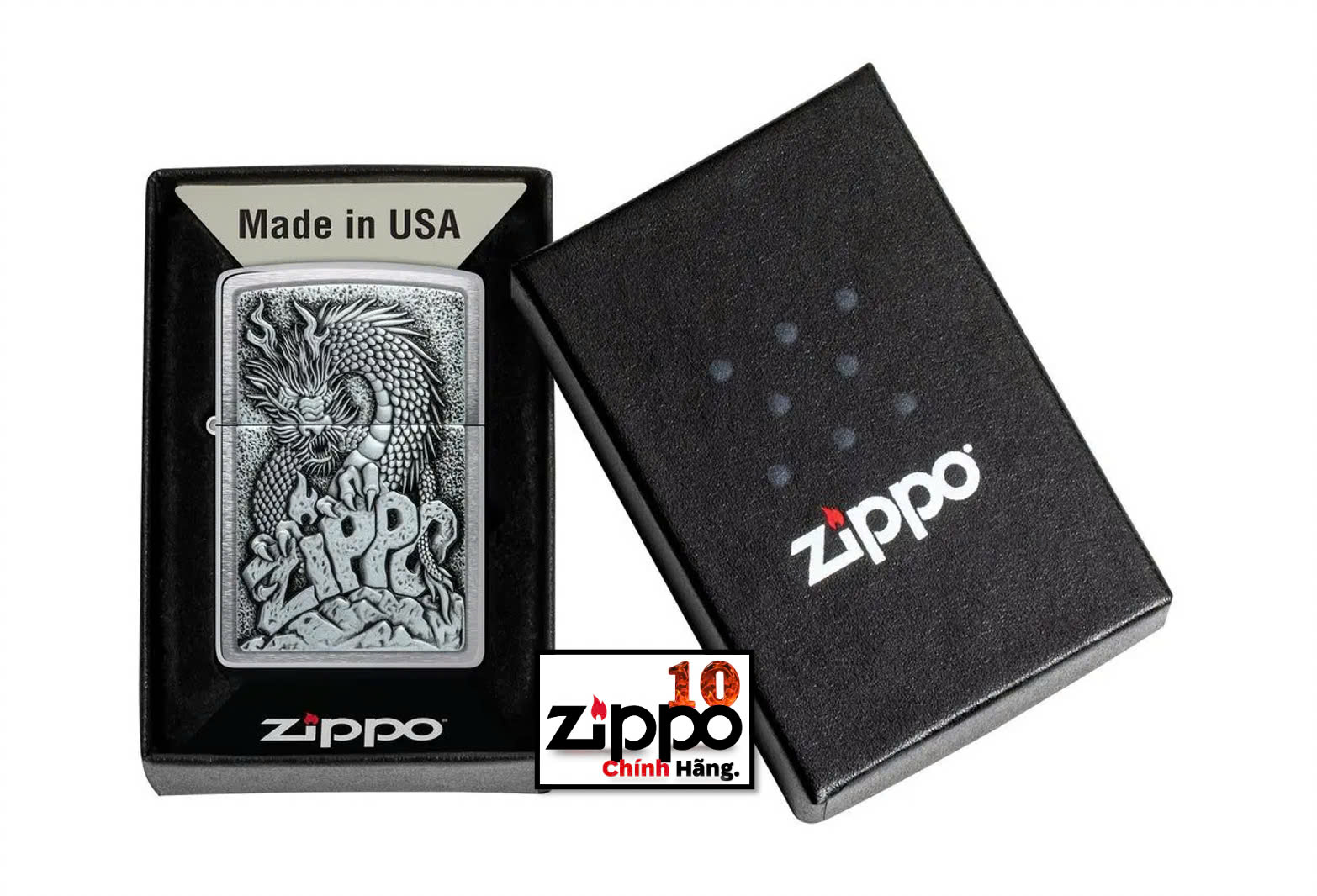 Bật lửa Zippo 48902 Zippo Dragon Emblem Design Brushed Chrome - Chính hãng 100%