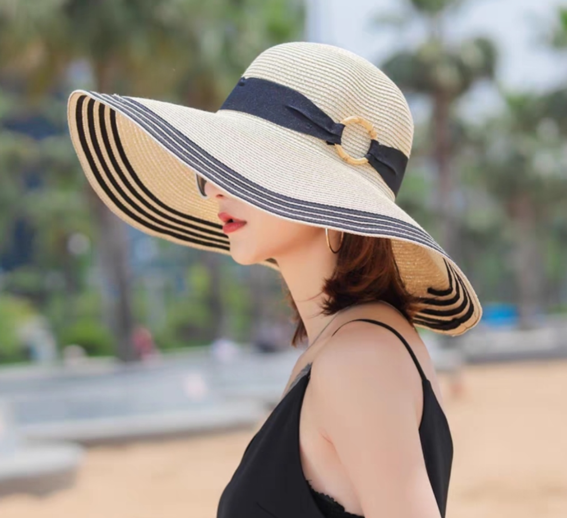 Mũ đi biển cho nữ phối viền sọc, nón nữ vành rộng du lịch dã ngoại chống nắng chụp hình xinh thời trang Korea dona270626