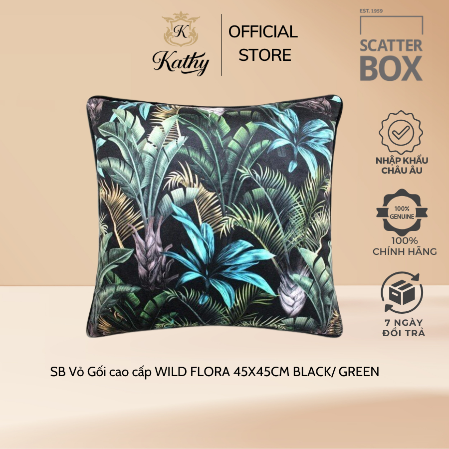 SCATTER BOX vỏ gối cao cấp nhập khẩu Ireland Anh Quốc WILD FLORA màu BLACK/ GREEN kích thước 45X45CM phong cách cổ điển