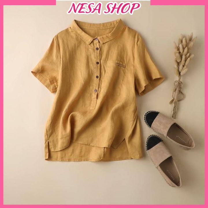 Áo sơ mi nữ tay ngắn NeSa Shop, áo kiểu nữ, chất liệu Đũi tơ mềm mát, áo sơ mi kiểu form trẻ trung AKS.49