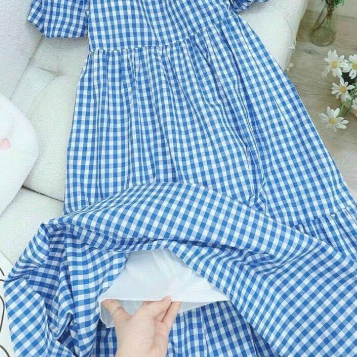Đầm Maxi Cổ Vuông Tay Phồng / Váy Suông Dài Kẻ Caro Tiểu Thư MX020 Màu HotTrend Cun Fashion