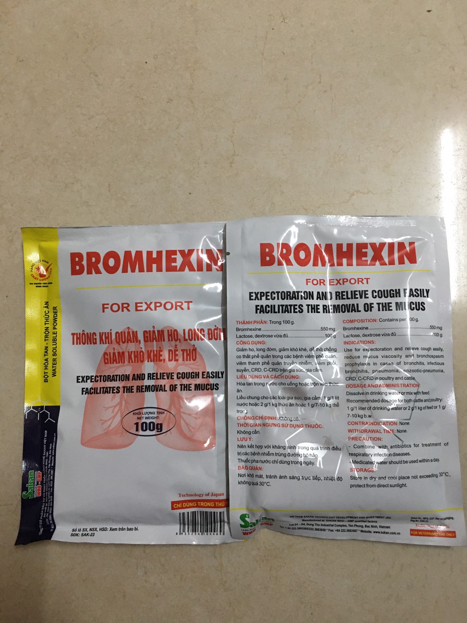 Thuốc thú y, Bromhexine/ Brom dùng cho chó, mèo, gia súc, gia cầm (100g-Sakan)