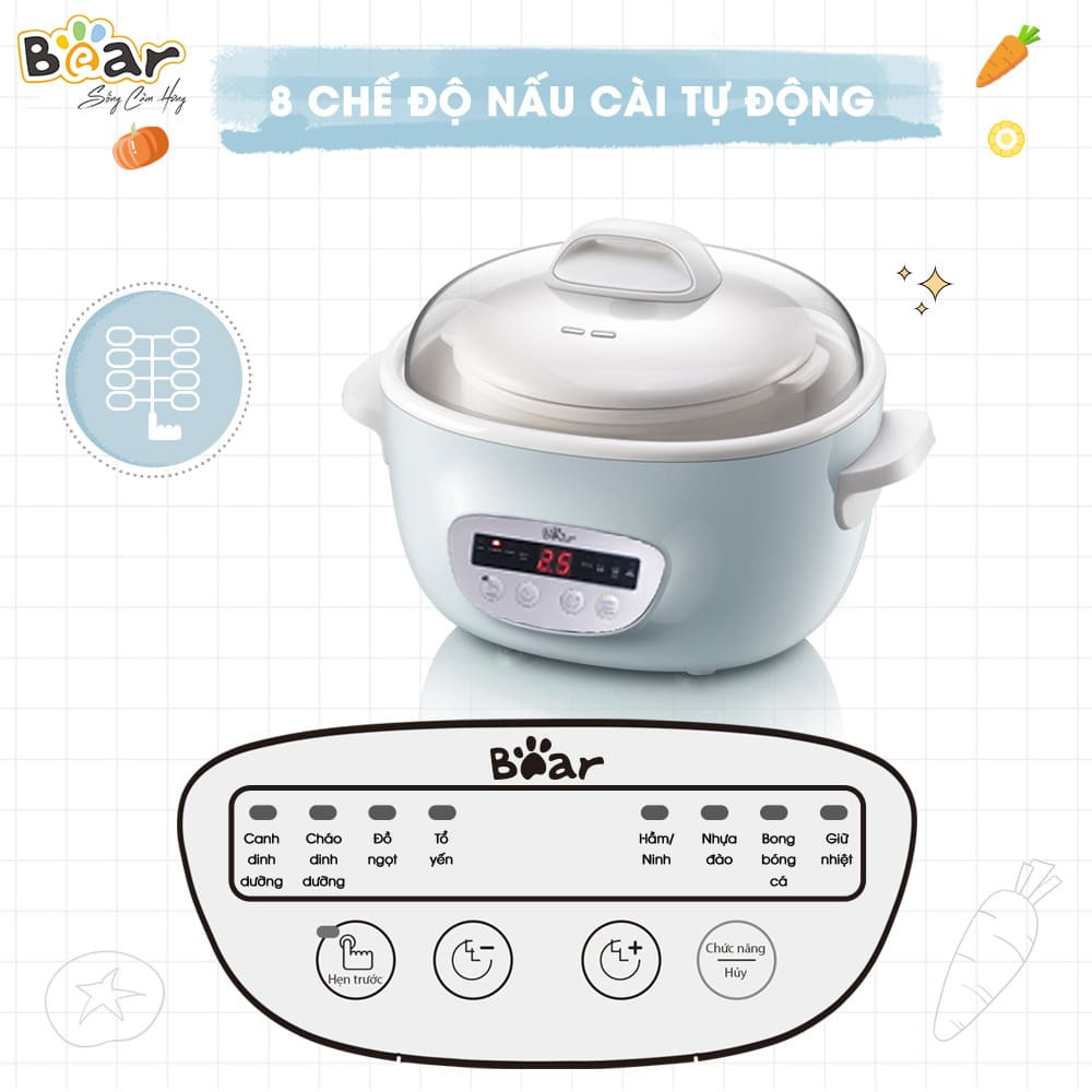 Nồi Kho Thịt, Nồi Chưng Yến, Nồi Nấu Chậm Bear SUBE003 - Bản Tiếng Việt Kèm Khay Hấp Và 5 Thố Dung Tích 2.5 Lít Công Suất 380 W- Hàng Chính Hãng