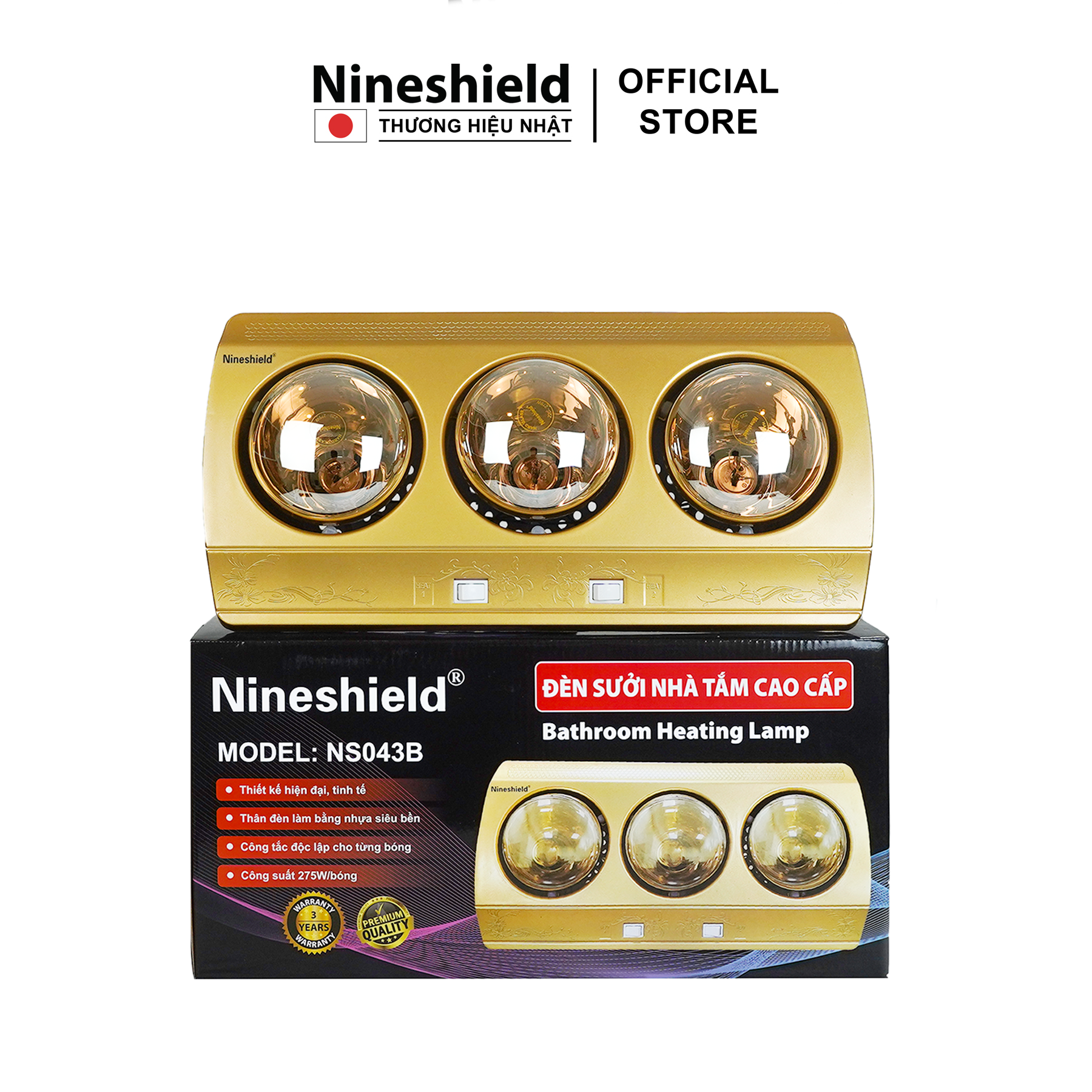 Đèn sưởi nhà tắm 3 bóng hàng chính hãng Nineshield NS043B