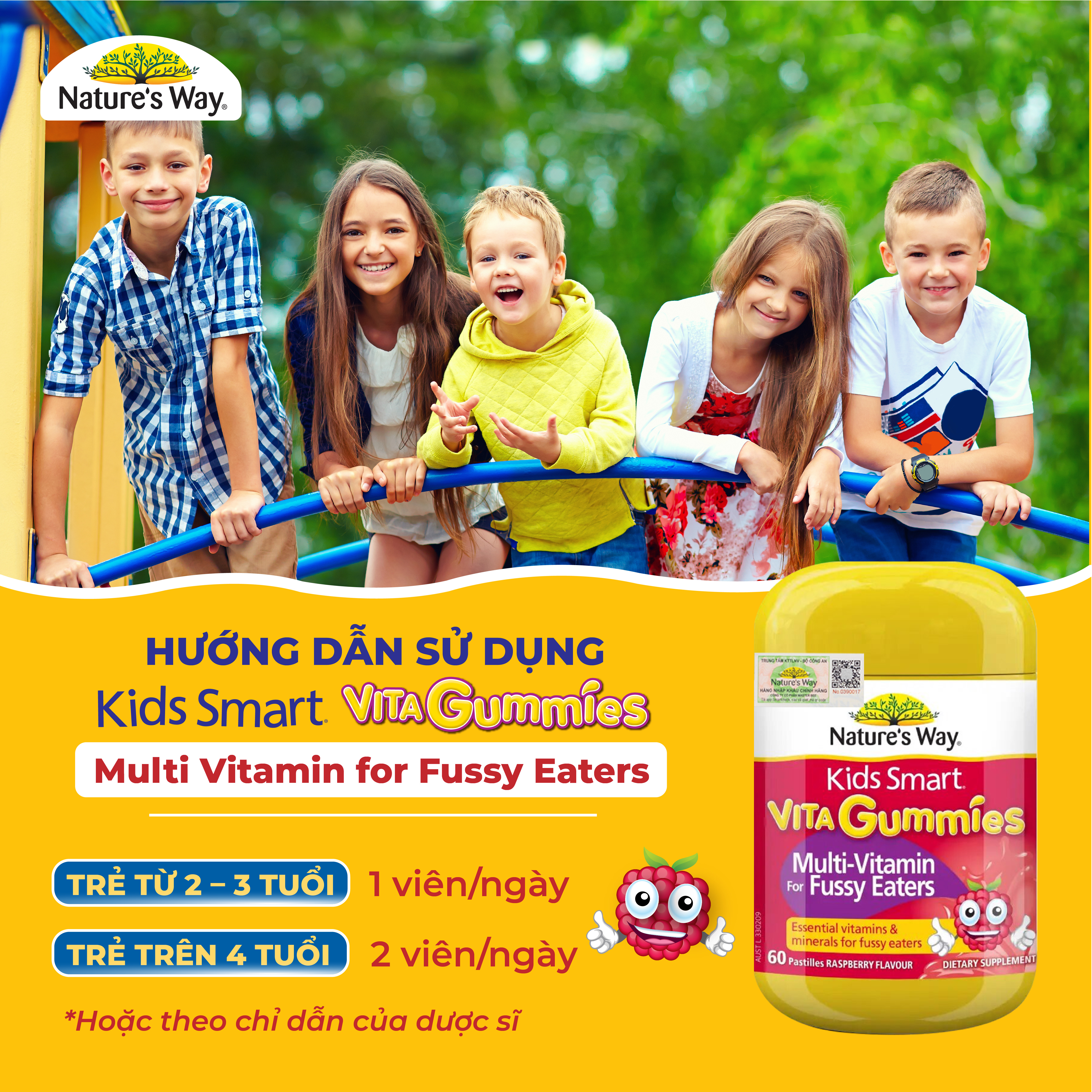 Kẹo Dẻo Vi Chất Cho Bé Nature's Way Kids Smart Vita Gummies Multi Vitamin for Fussy Eaters Kích Thích Ăn Ngon 60 Viên