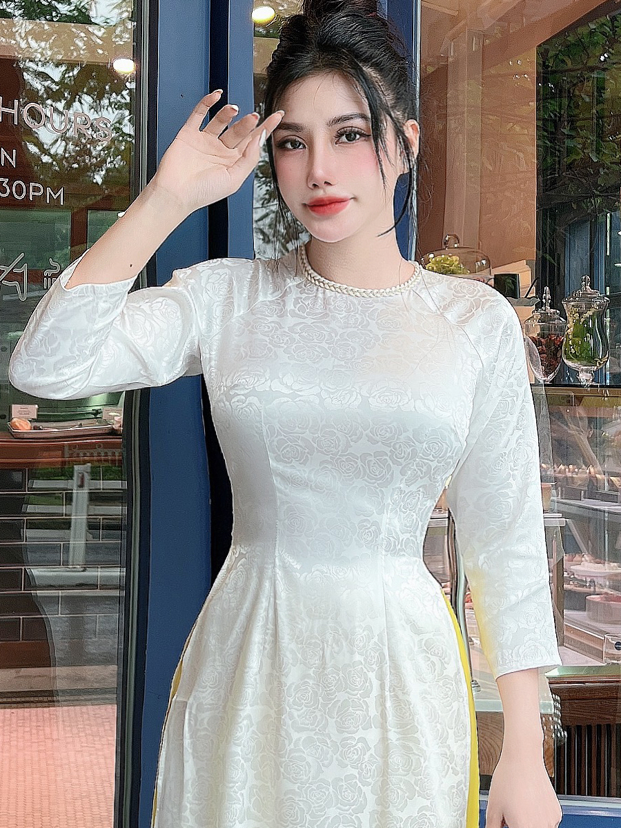 Áo dài gấm lụa hoa hồng viền cổ dễ thương AD018 - Lady Fashion