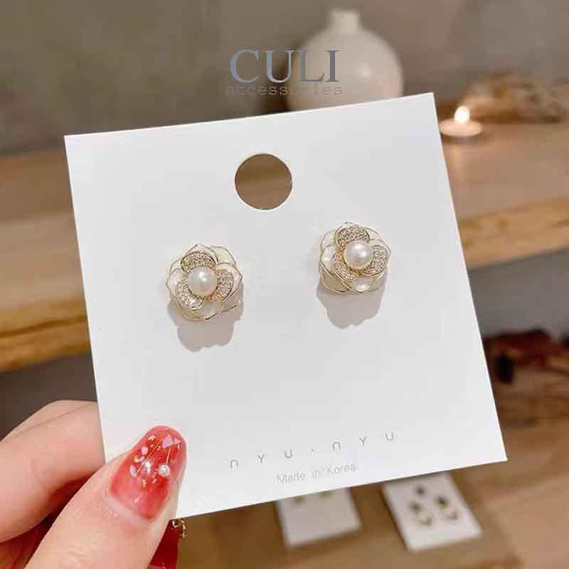 Khuyên tai bạc nữ S925, hình hoa hồng kết hạt trai sang trọng HT649 - Culi accessories