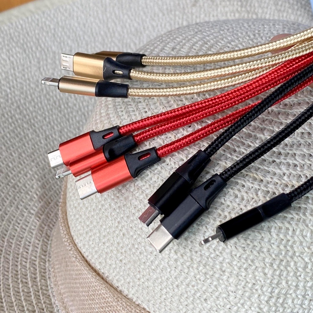 Dây cáp sạc 3 đầu , dài 1m2 , tích hợp 3 cổng sạc - 3 trong 1 tiện lợi , sạc được nhiều máy , chất liệu vải dù chắc chắn , chống đứt gãy ,chống gập ,giúp tiết kiệm thời gian và chi phí