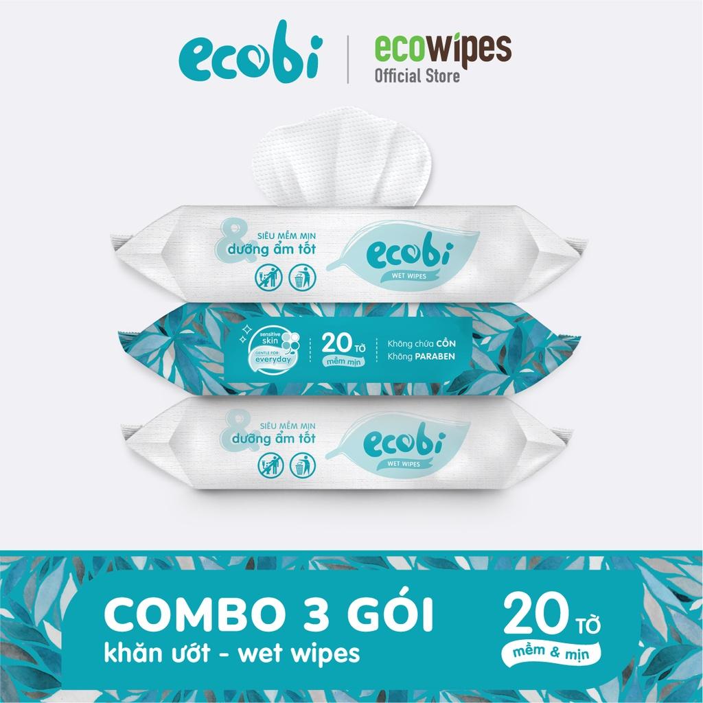 Combo 03 gói khăn giấy ướt cho bé Ecobi gói 20 tờ không mùi không cồn không paraben an toàn cho làn da của bé