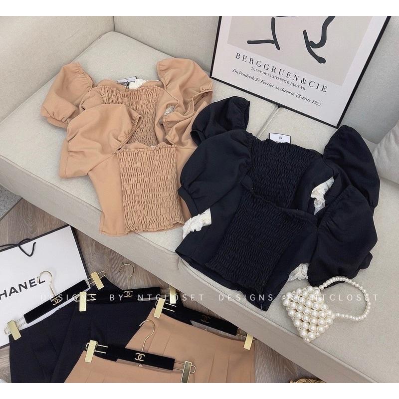 Set áo nơ hoa nổi mix chân váy A nt closet