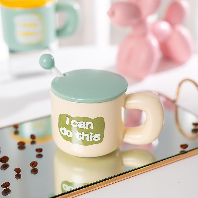 Cốc Sứ Cafe Sữa Tạo Động Lực Ngày Mới Cho Văn Phòng, Ăn Sáng Tại Nhà 380ml Có Nắp