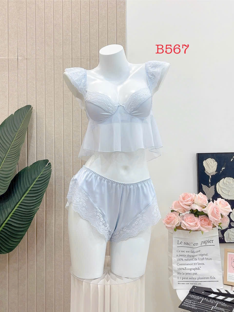 Bộ Đồ Ngủ B567 Lụa Quảng Châu Viền Ren Lưới Cao Cấp Sexy