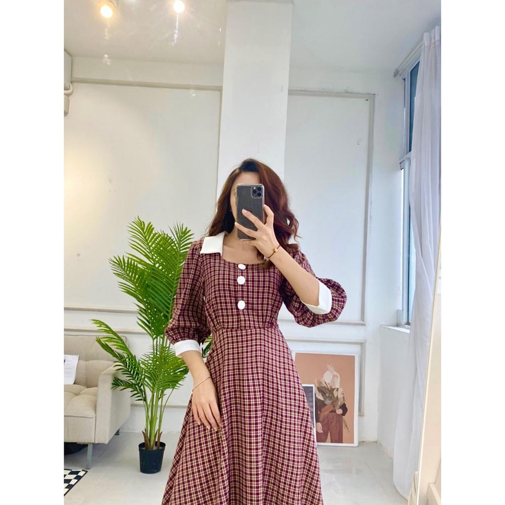 Đầm họa tiết kẻ kiểu dáng vitage phối kẻ cổ trắng SYO D4026