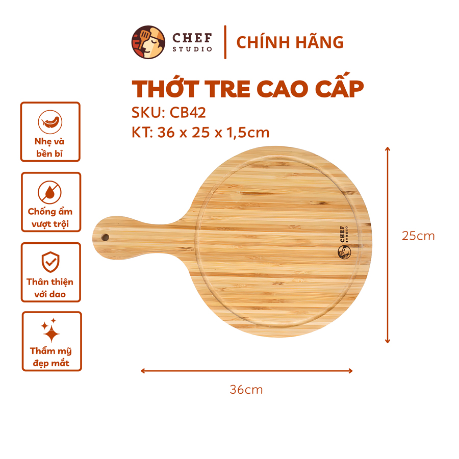 Thớt tre Chef Studio hình tròn có tay cầm 36x25x1.5cm, MSP-CB42. Cắt, thái rau củ, dùng decor, bày trí.