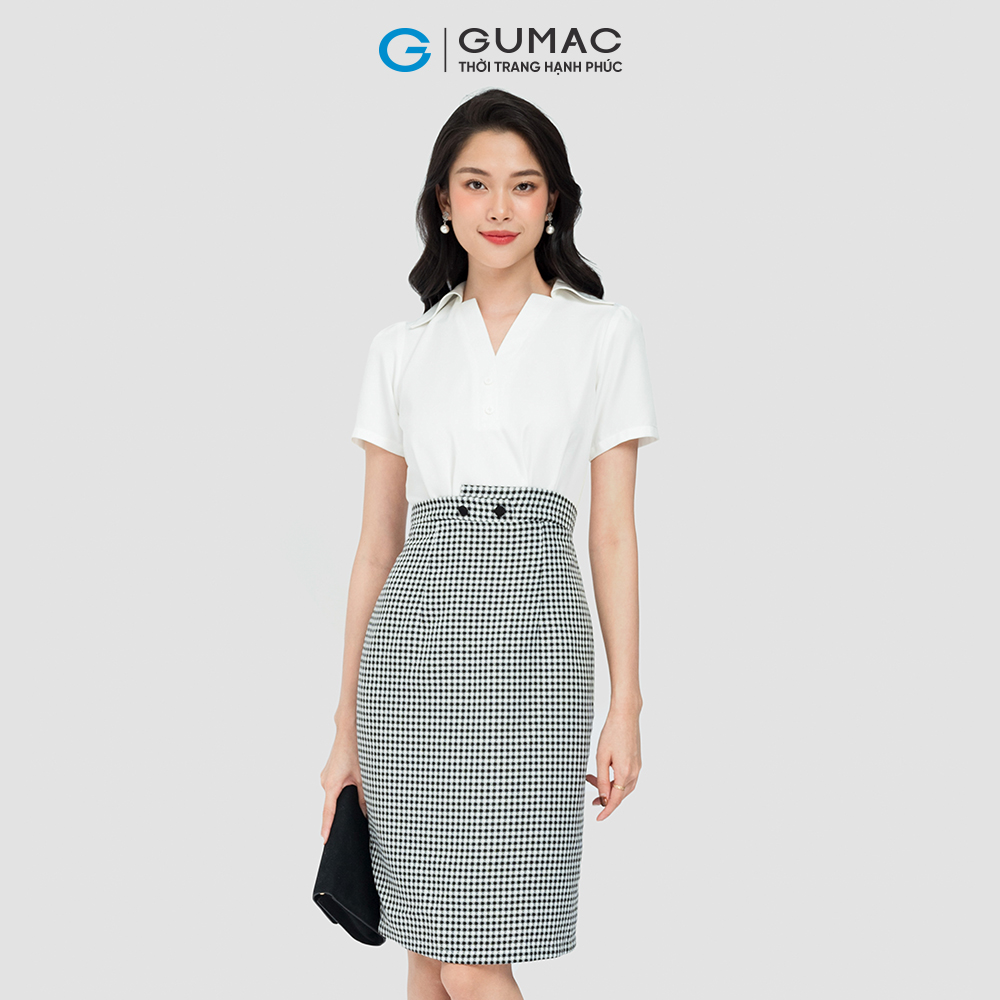 Đầm caro phối sơ mi GUMAC DC08101 vải kate lụa màu caro xám