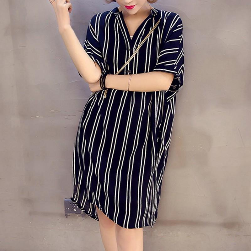 Đầm Sơ Mi Kẻ Sọc Tay Ngắn Dáng Rộng