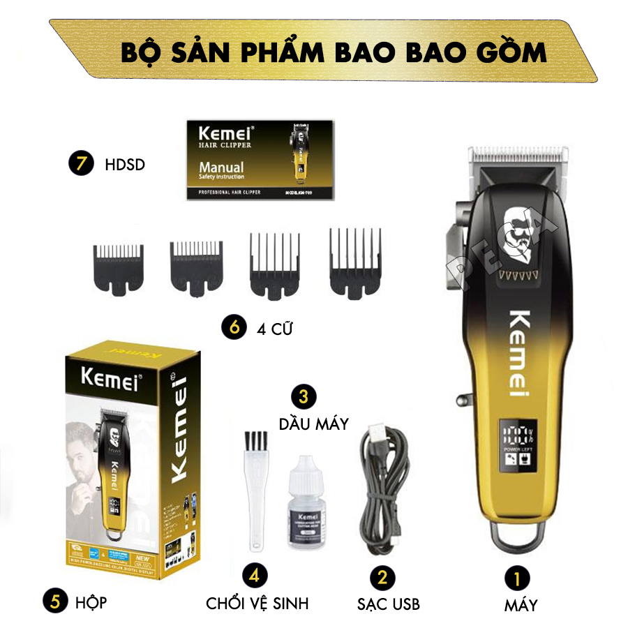 Tông đơ cắt tóc chuyên nghiệp Kemei KM-709A sạc nhanh USB có màn hình LCD hiển thị - Hàng chính hãng ( Giao màu ngẫu nhiên )