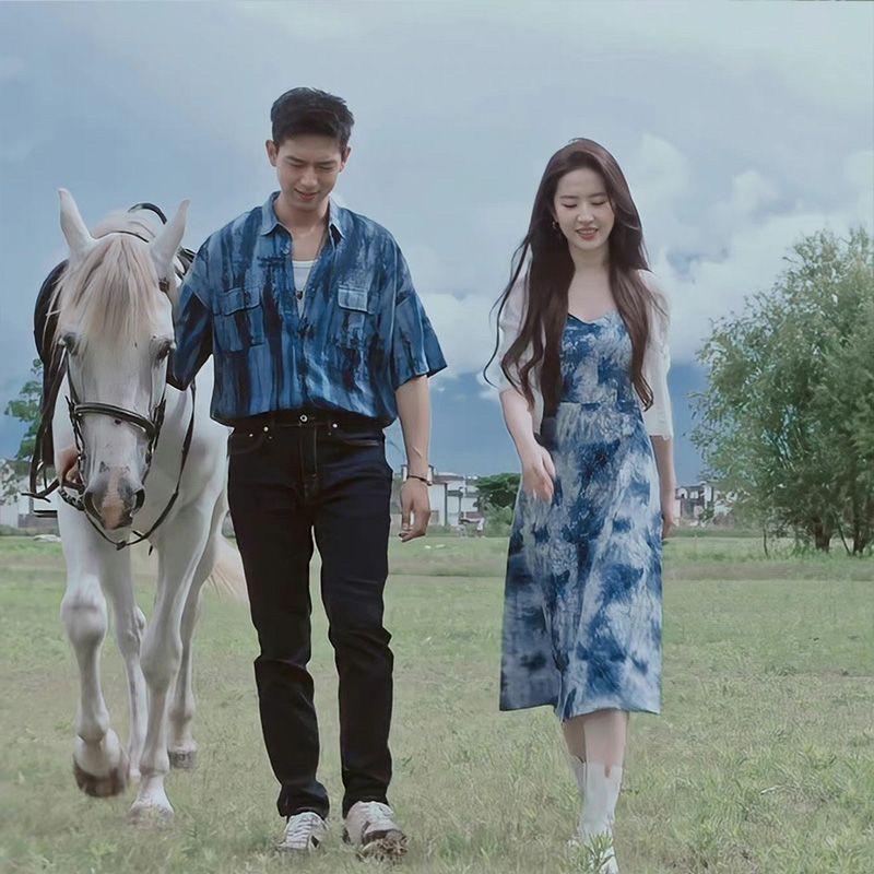 SHUANGYAN Đến nơi có gió Hứa Hồng Đậu cùng kiểu váy màu xanh da trời của Lưu Diệc Phỉ, váy nghỉ mát, váy bãi biển.