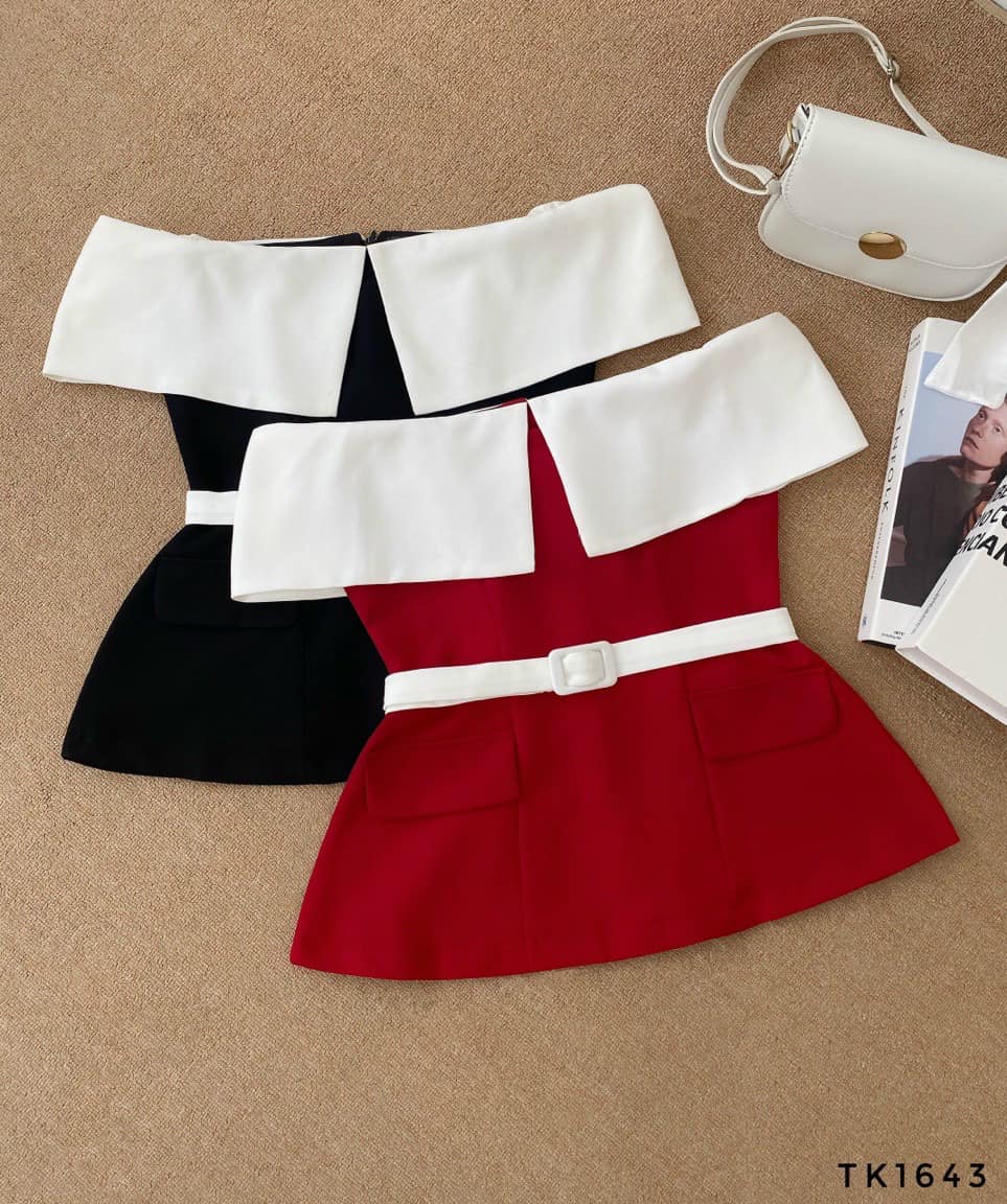 Áo peplum trễ vai kèm belt túi nắp hàng thiết kế cao cấp
